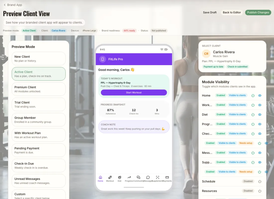 Muscle Code brand app editor previewing a client's view of a branded app