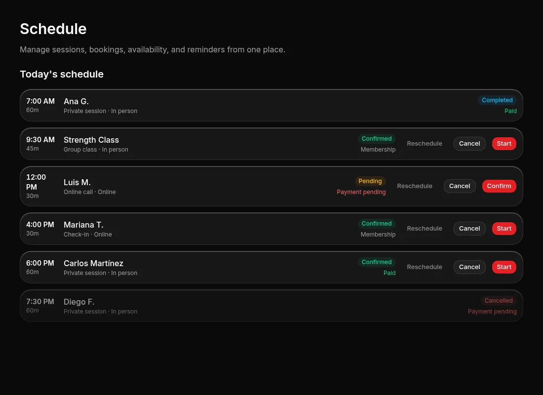 Muscle Code schedule with example sessions and their statuses